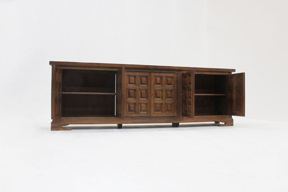 Thumbnail: Spanish Brutalist Sideboard in solid wood from the 1960s. Beautifully designed with graphical squared wood carvings on the fr
