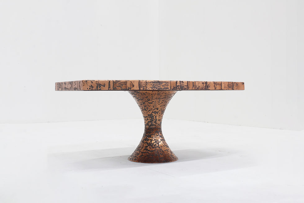 Vintage Mid century copper coffee table with a brutalist design copper plated table top and a wooden base. Timeless desig