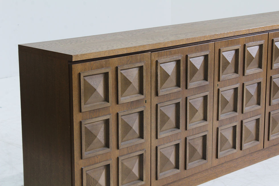 Thumbnail: Vintage brutalist sideboard made of oak from Belgium, 1970s. Graphic carved wooden design with 5 doors. Large sideboard with