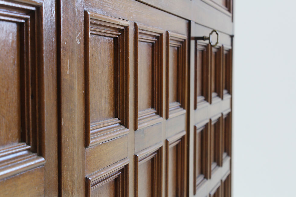 Thumbnail: Vintage brutalist wooden sideboard with geometrical carved wood pattern. Italian brutalist design from the 1960s. Large side