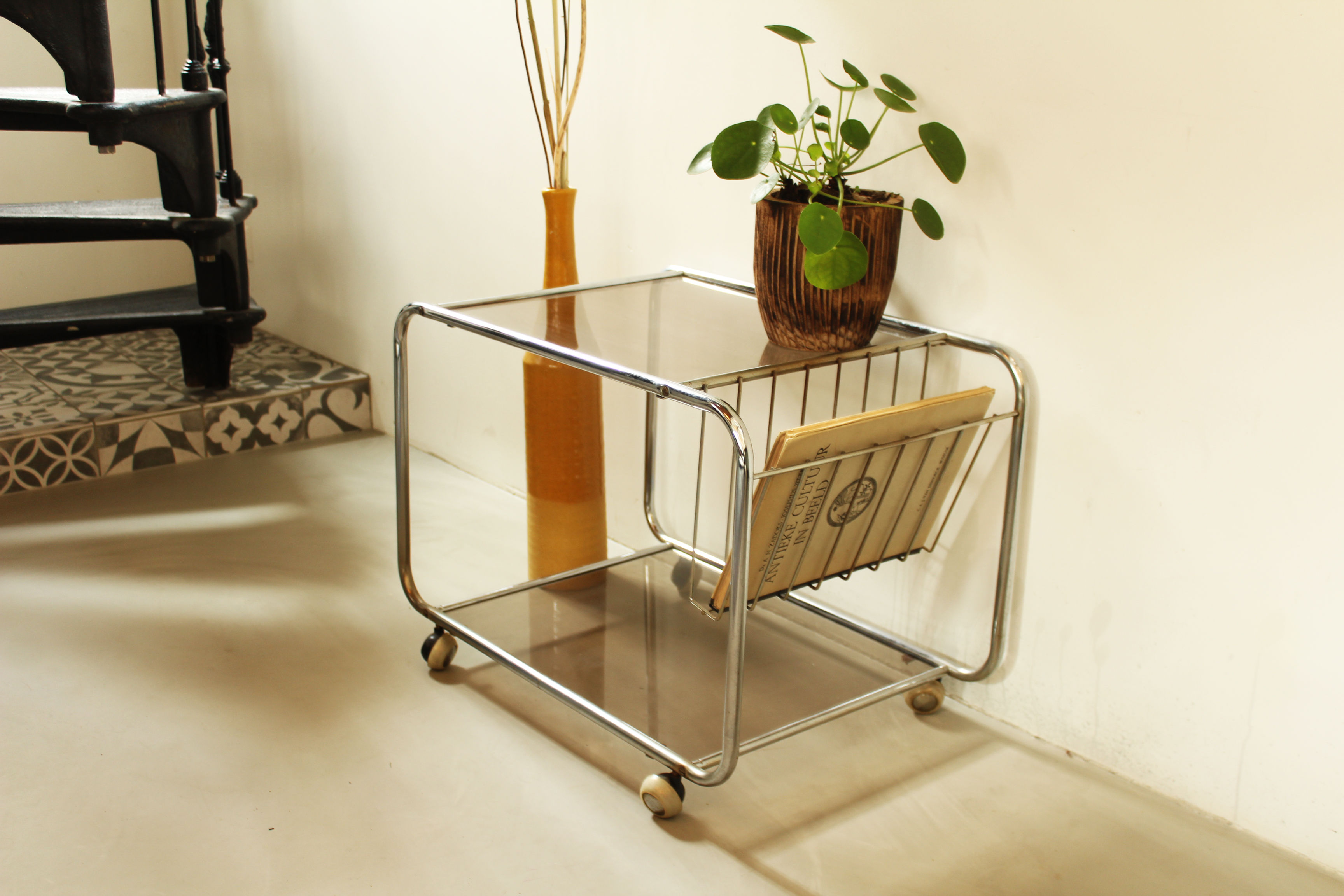 Trolley bijzettafel chroom glas