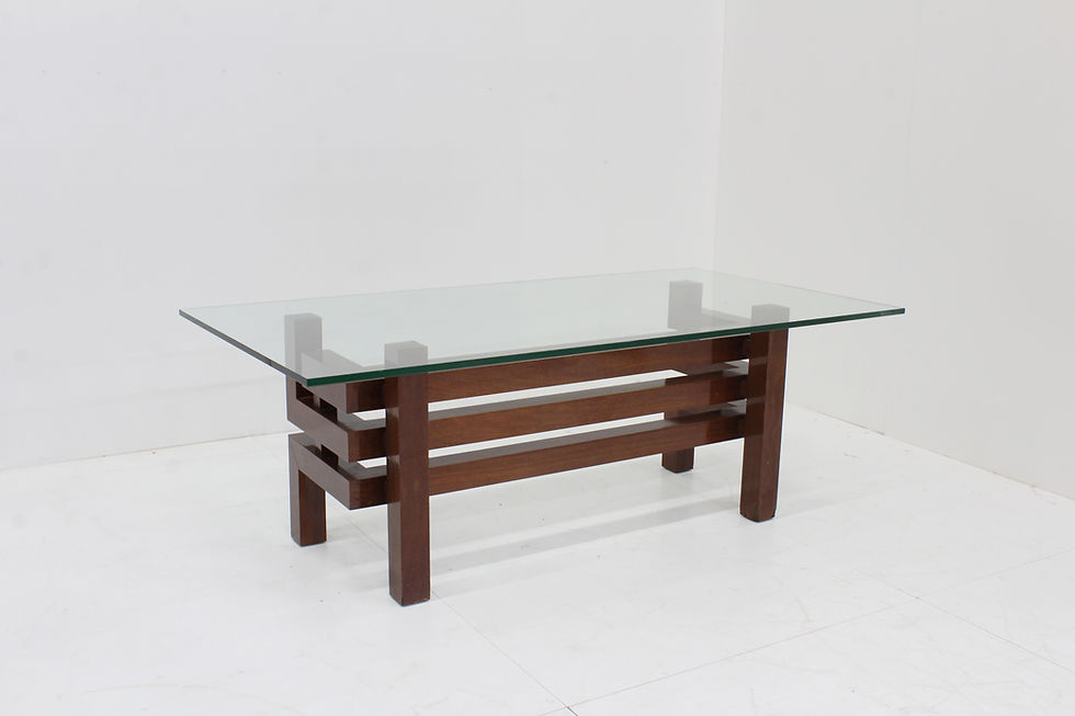 Thumbnail: Vintage Italian sculptural dining table made of wood and glass. Beautifully designed with sculptural wooden framework.