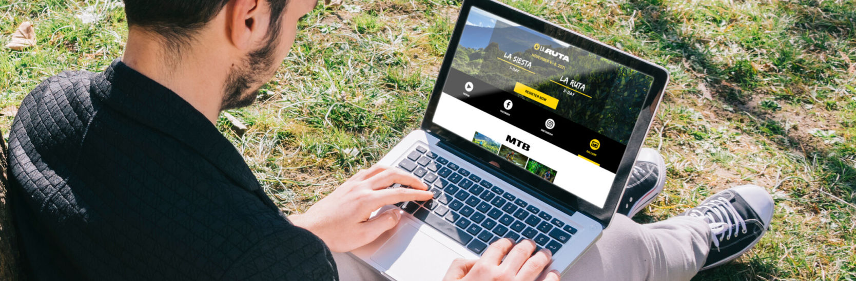 La Ruta mountain bike race website on laptop showing event registration and race category selection built by PSh