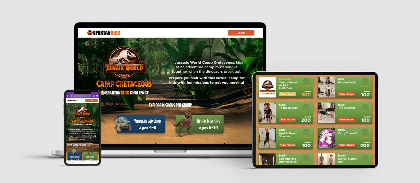 Jurassic World Camp Cretaceous Spartan Kids virtual camp platform responsive across desktop, tablet, and mobile