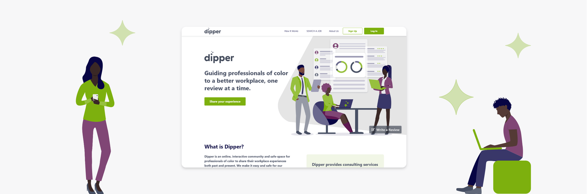 Dipper workplace diversity platform homepage redesign with illustrated characters for professionals of color community