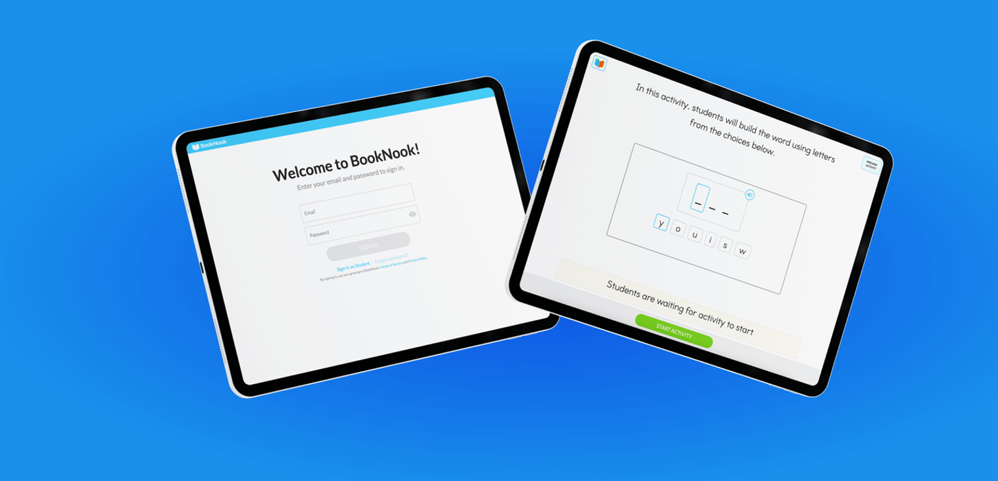 BookNook tutoring app on tablet showing student login and interactive word-building activity for K-12 literacy