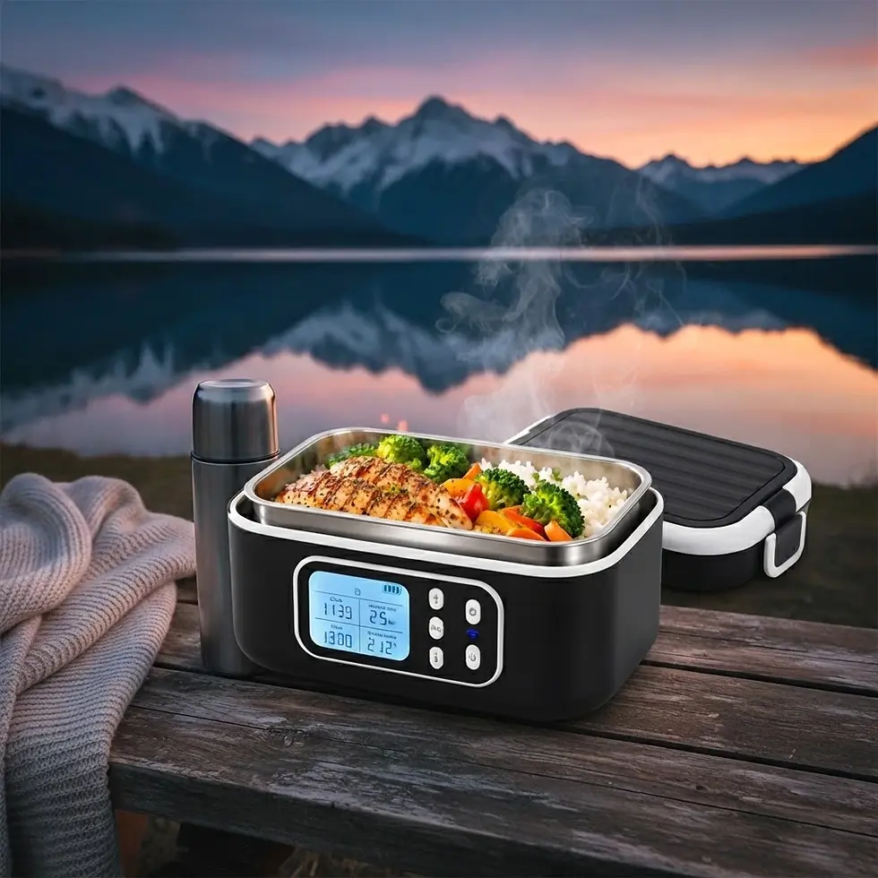 Packshot photography of a portable electric lunchbox with a meal, set outdoors at a lake with mountains at sunset. The image conveys a sense of convenient outdoor dining.