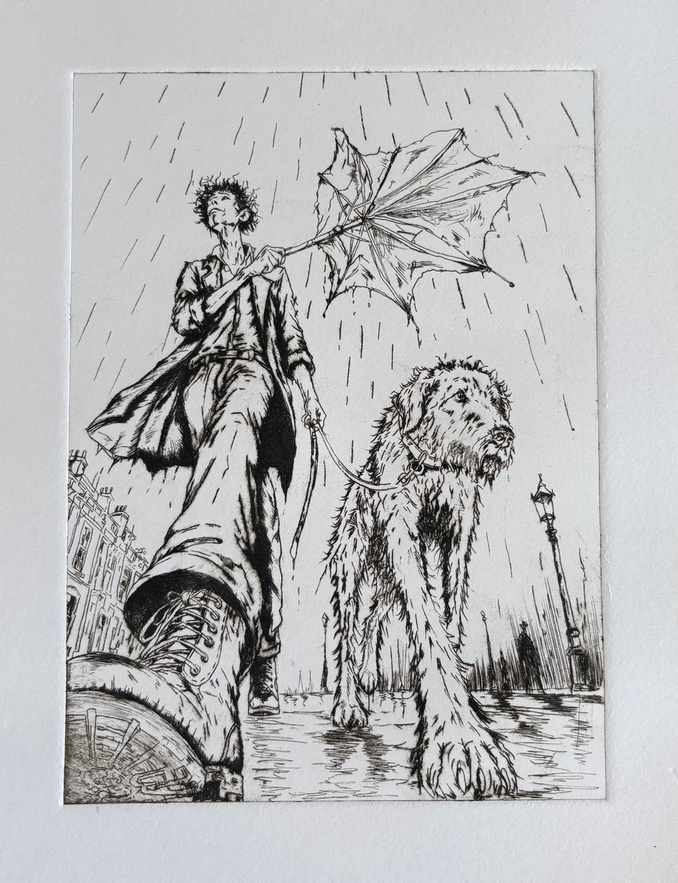 Black-and-white drypoint print of a lanky man walking a large shaggy Irish wolfhound in heavy rain. His umbrella has blown inside out, while exaggerated low perspective brings his oversized boot and the dog’s paws into the foreground.