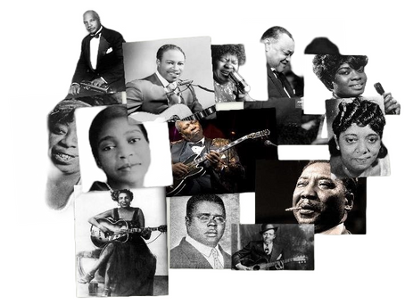 A collage of Blues musicians