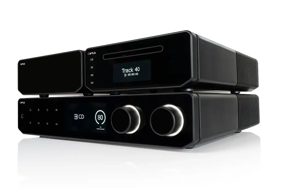 Black audio system with digital display showing "Track 40" and "CD 80." Sleek design with knobs on a white background.