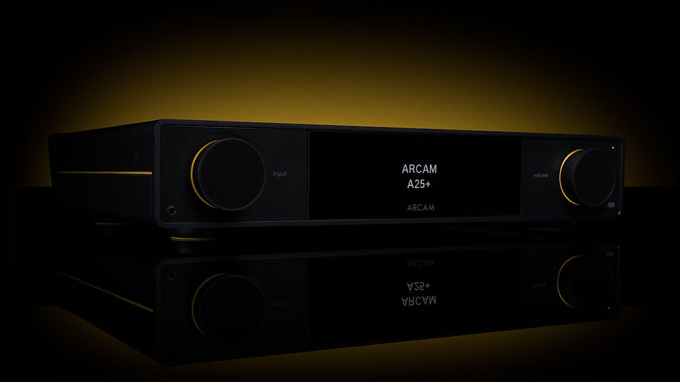 Black audio receiver with yellow accents, labeled "ARCAM A25+" on display. Sleek design on reflective surface, glowing yellow background.