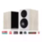 Wharfedale bookshelf speakers in light wood finish on white background, with award badges and review logos below.
