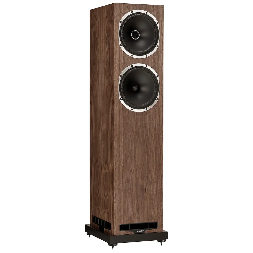 Wooden Fyne Audio floor-standing speaker with two black drivers and silver rings, isolated on white background.