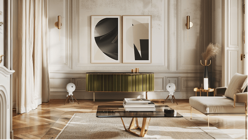 Luxurious living room with modern decor. Green sideboard, abstract art, and gold accents create an elegant atmosphere. Soft lighting.