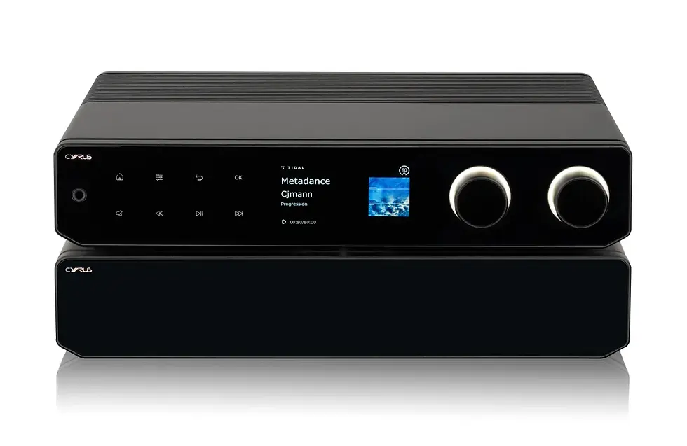 Black audio player with touchscreen displaying "Metadance" by Cjmann. Features two knobs, controls, and a sleek design in a minimal setting.
