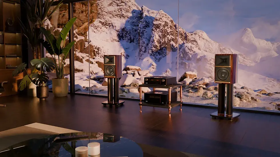 Modern living room with large speakers and audio equipment, set against a snowy mountain view through floor-to-ceiling windows, and lush plants.