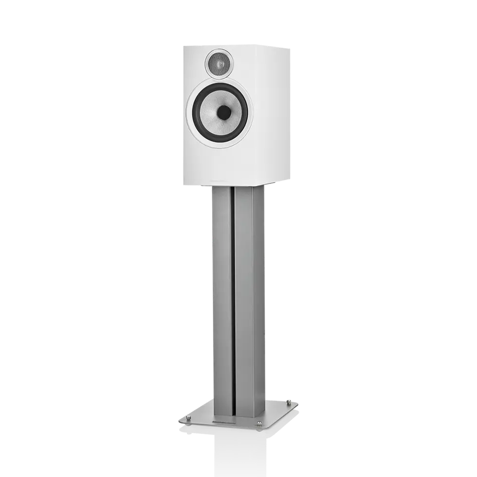 White speaker on a metallic stand against a black background. The speaker has a sleek design with a circular front panel. No text visible. Bowers and Wilkins