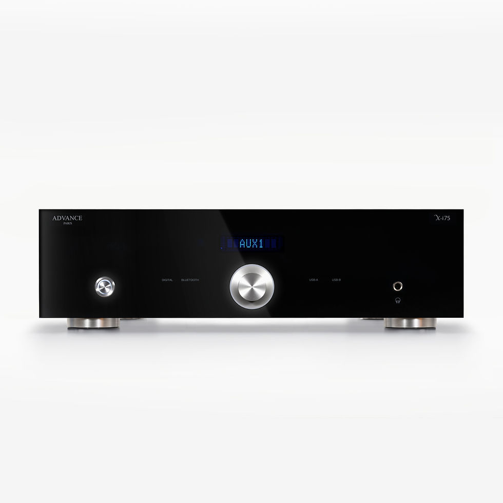 Black Advance Paris X-i75 amplifier front with blue AUX1 display, silver knobs, and headphone jack on a white background