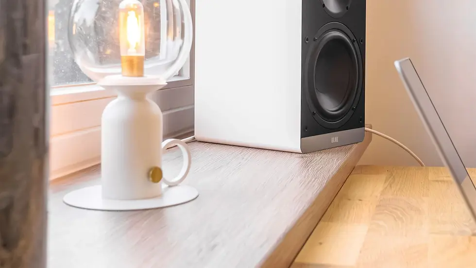 Lit bulb in white lamp, next to a black and white speaker on a wooden table by a window. Modern and cozy atmosphere.