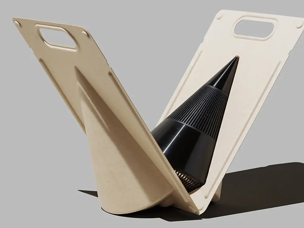 Beige cardboard holder with a sleek black cone inside, set against a gray background. The design is minimalist and geometric.