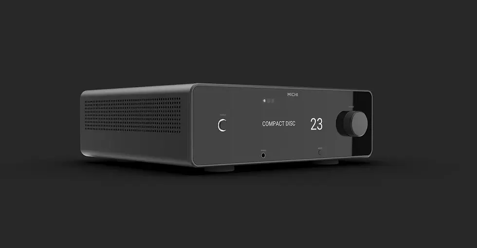 Black audio amplifier against a dark background, displaying text "COMPACT DISC" and number "23". Sleek design with minimal controls.