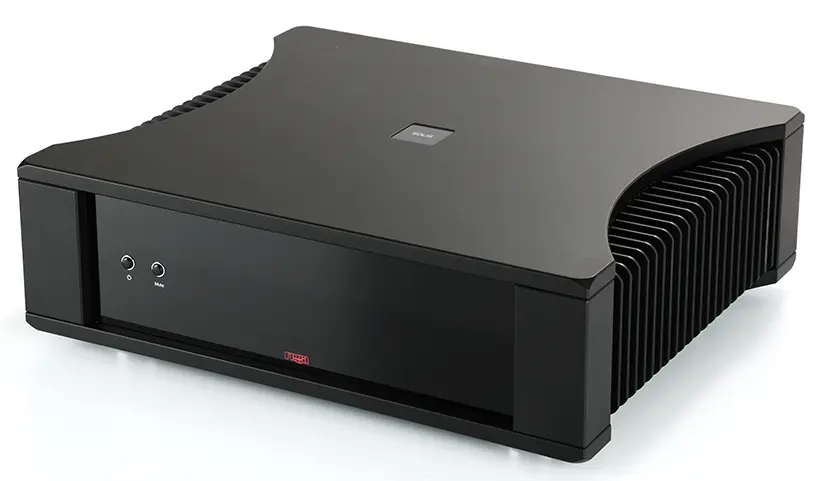 Sleek black audio amplifier with vented sides, a power button, and a digital display showing "OFF." It rests on a reflective surface.