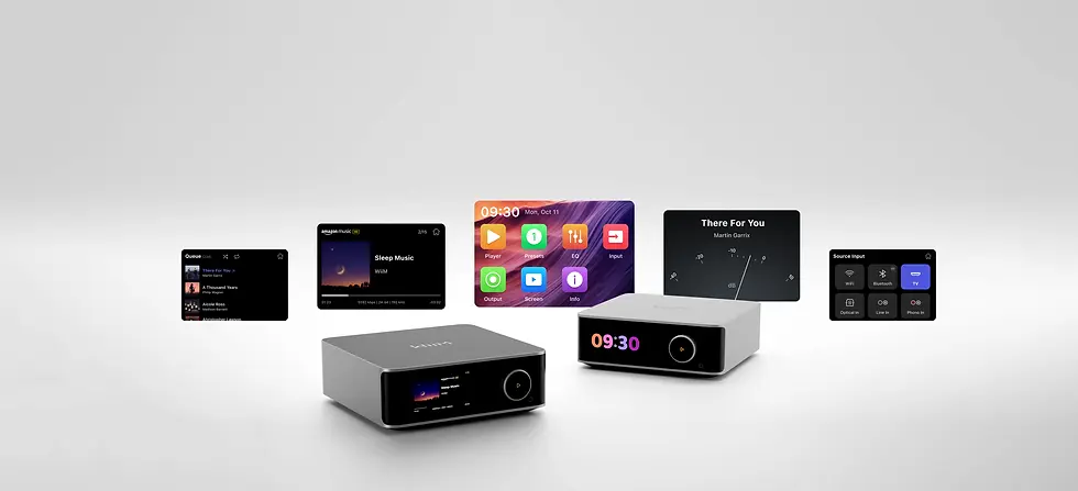 Two sleek black devices on a white background, displaying colorful music and time interfaces with various control icons and song titles.