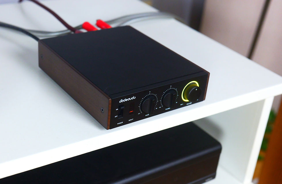 Black audio amplifier on a white shelf, with glowing volume knob, bass and treble dials, and red cables attached.