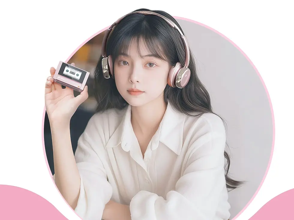 Woman in headphones holds a small pink device displaying cassette reels. She's wearing a white shirt. The mood is calm, background is simple.