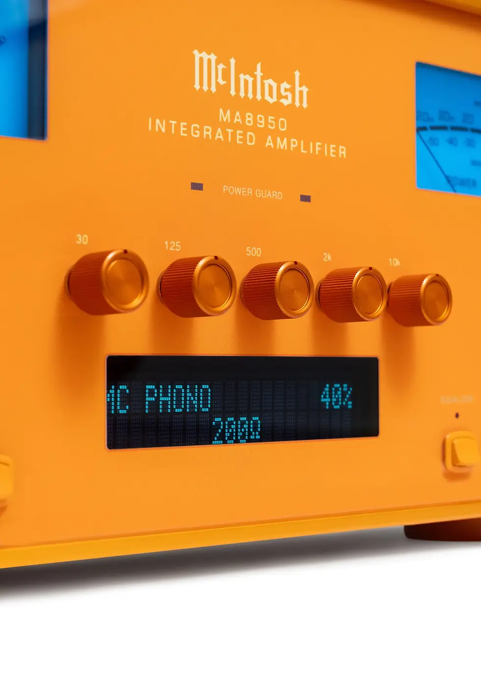 Orange McIntosh MA8950 amplifier with five knobs, blue digital display shows "MC PHONO 40% 200Ω". Mood is modern and vibrant.