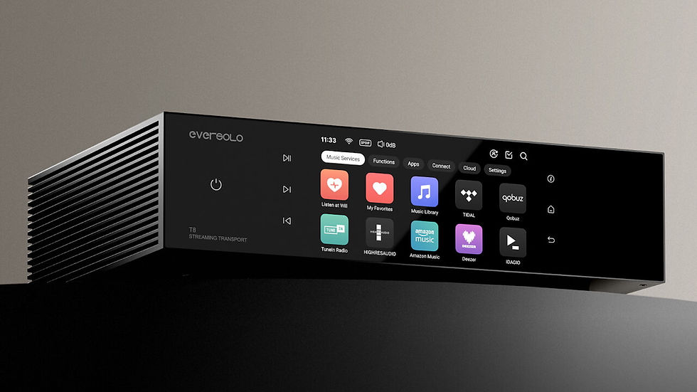 Black audio streaming device with touchscreen displaying apps like Amazon Music and Deezer. Minimalist design, set against a beige background.
