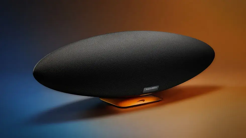 Sleek black speaker on an orange base, set against a gradient blue to orange background. Label reads "Bowers & Wilkins." Modern design.