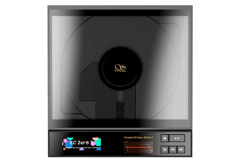 Black portable CD player with a glossy finish, showing "Shanling" logo. Display reads "EC Zero T" with colorful graphics, buttons below.