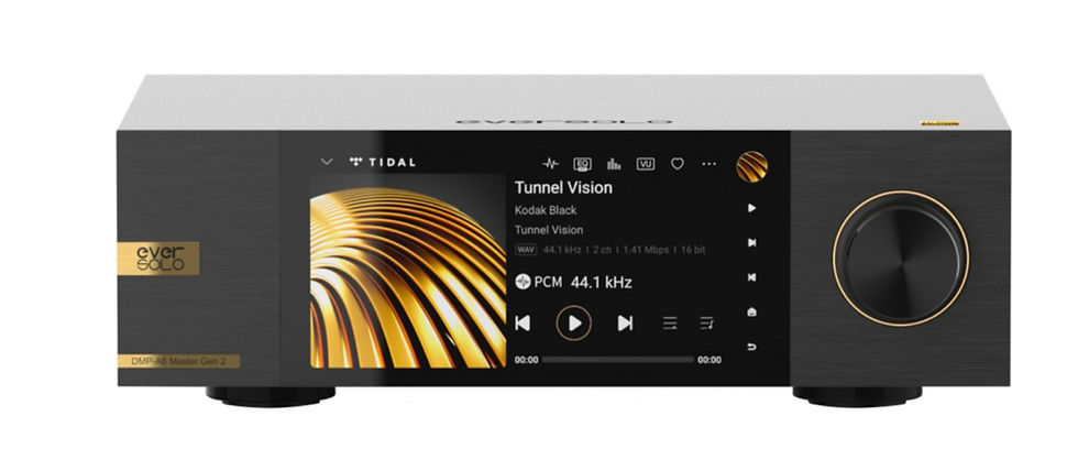 Black Eversolo audio streamer with touchscreen showing TIDAL Tunnel Vision and a large volume knob on a white background