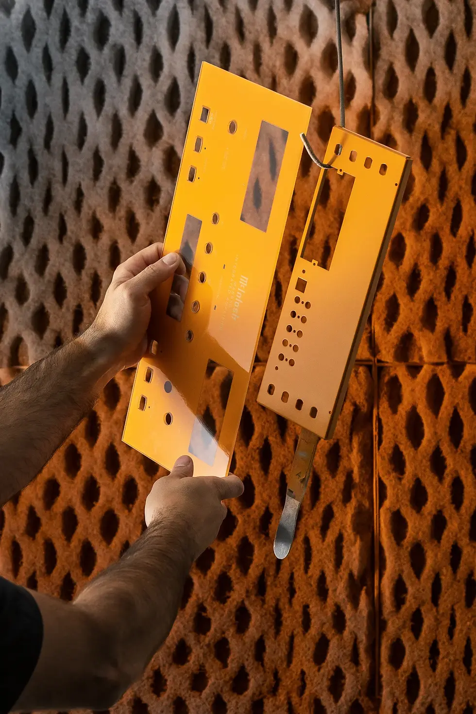Hands hold orange metal panels with cutouts and text; textured wall in the background; warm, industrial atmosphere.