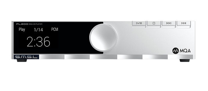 Silver S.M.S.L. P200 MQA CD player front panel with display showing Play 1/14 PCM 2:36 and control buttons.