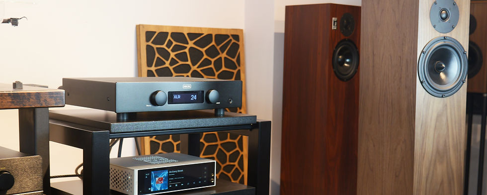 Audio setup with a black amplifier displaying "XLR 24," a wooden speaker, and geometric panel. Warm tones dominate the modern room.