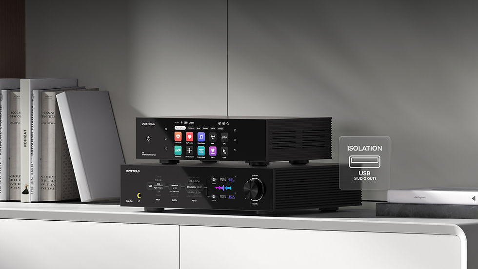 Stacked black audio equipment with glowing screens sits on a white shelf beside books. A floating label reads "ISOLATION USB (AUDIO OUT)."