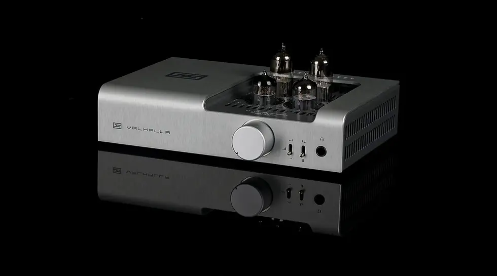 Silver audio amplifier with vacuum tubes on top and control knobs on the front, labeled "VALHALLA," set against a black background.