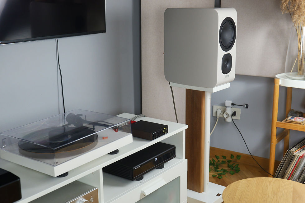 Modern living room audio setup with a turntable, white speaker, TV, and stacked components beside a record shelf