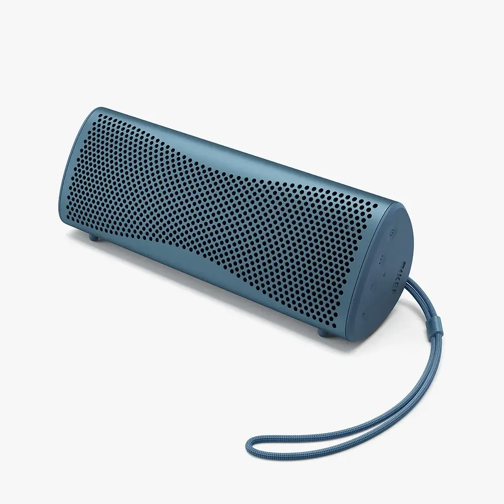 Blue portable Bluetooth speaker with a mesh design and a strap, placed on a white background. The brand logo is visible on the side.