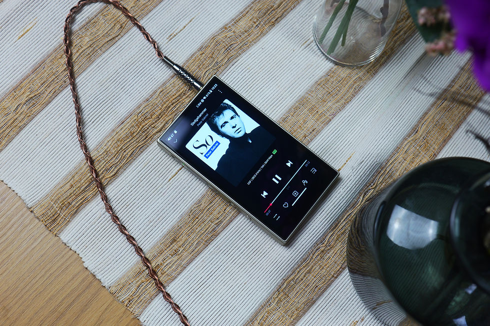 A music player on a striped mat shows a black-and-white album cover, playing a song. Brown cable, vase, and flowers are nearby.