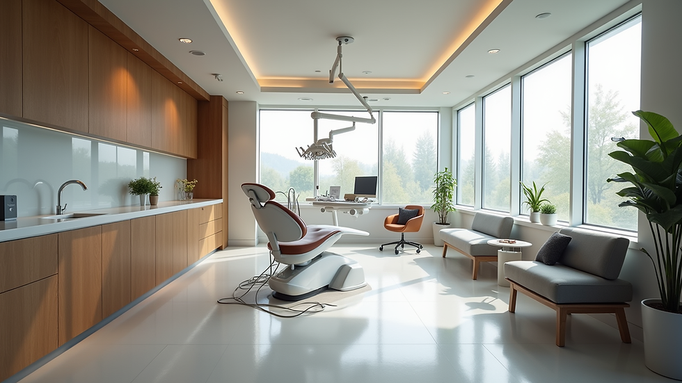 Eye-level view of modern dental clinic interior with comfortable seating