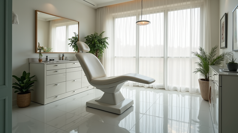 Eye-level view of a cosmetic clinic treatment room with a comfortable chair