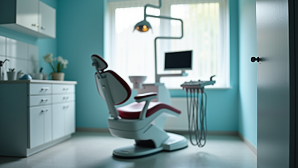 Eye-level view of dental clinic treatment room with dental chair and equipment