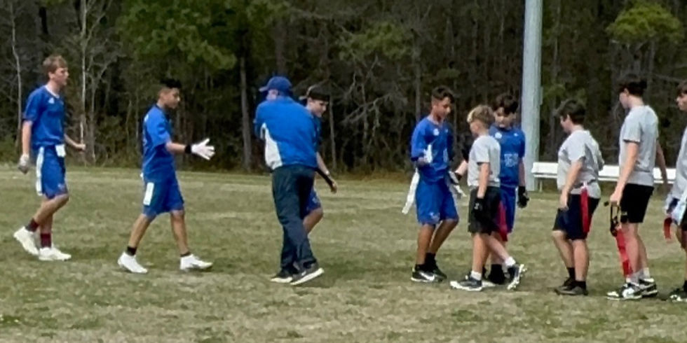 Eye-level view of a football field with players warming up
