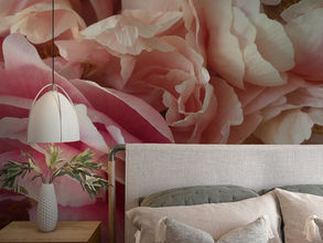Floral Wall paper mural by Annabel Taylor in front of styled bed