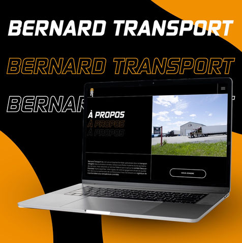 Maquette de présentation (mocks) du site web Bernard Transport affichée sur un ordinateur portable, avec un design moderne en noir et orange et une photo d'entrepôt de transport réfrigéré.