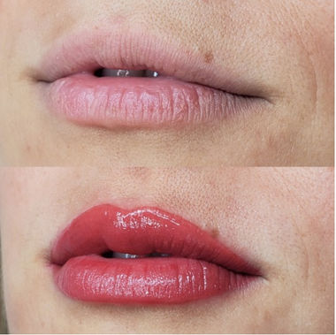 Résultat d'un avant-après d'un maquillage permanent avec remplissage des lèvres réalisé chez Esthétique Sylvie Colgan à Lac-Etchemin.
