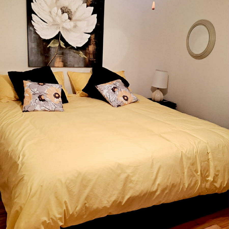Lit double dans une chambre de la Maison René, chalet locatif en Beauce.